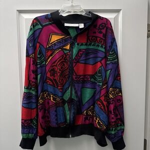 VTG 80s Bomber Jacket Cardigan Picasso Geometric Plus Size 22/24 Abstract Art